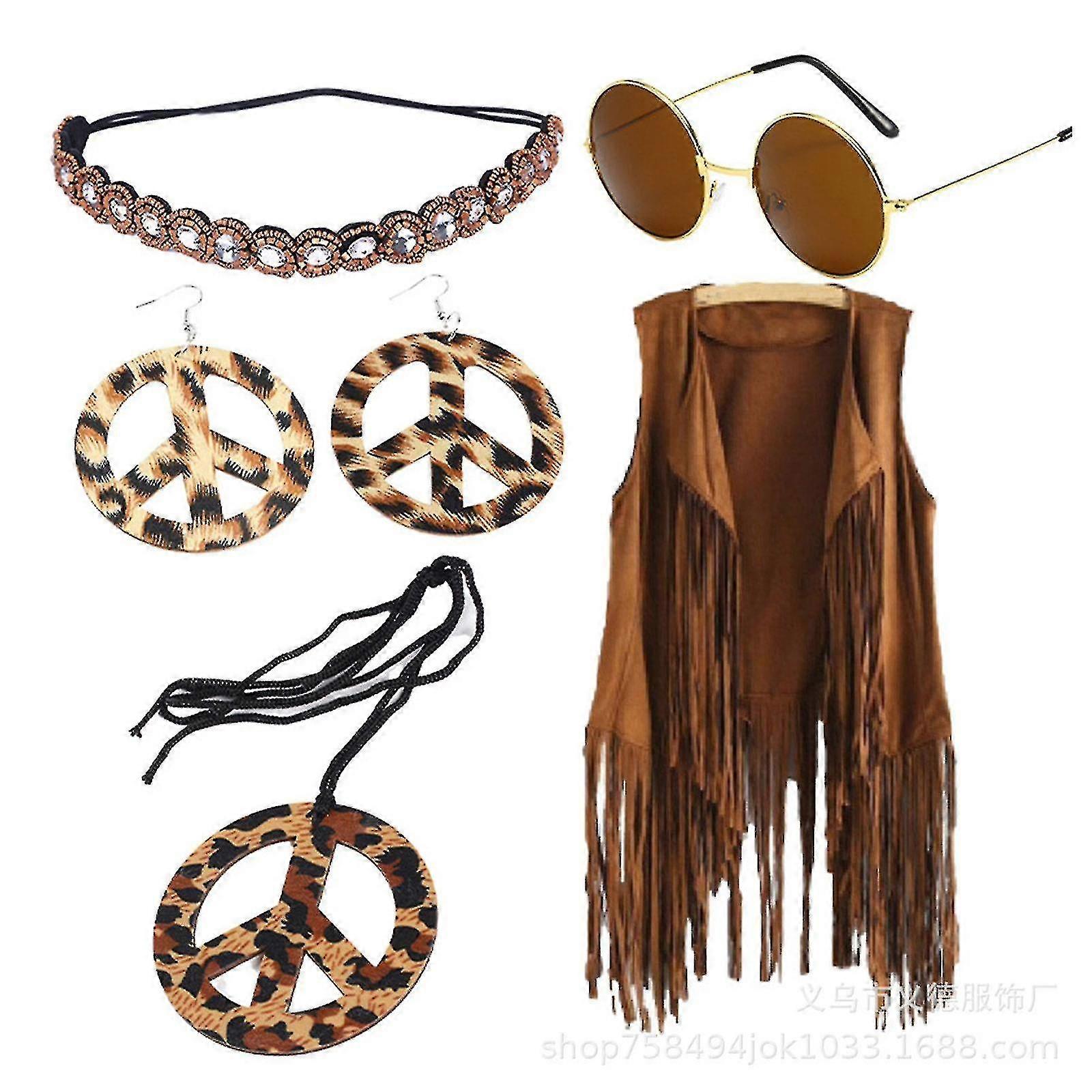 70s Hippie Κοστούμι Για τις Γυναίκες Ειρήνη Σημάδι Σκουλαρίκι Κολιέ Headband Fringe Γιλέκο Tassel-yujia