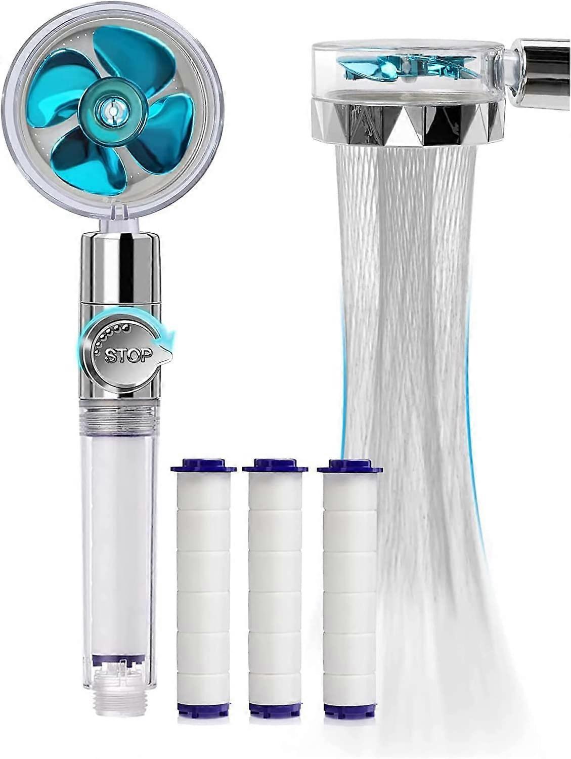 Hand Shower,Water Saving Anti Limescale,360High Pressure Propeller,Three Levels Filter,3 Replaceable PP Cotton (Blue)