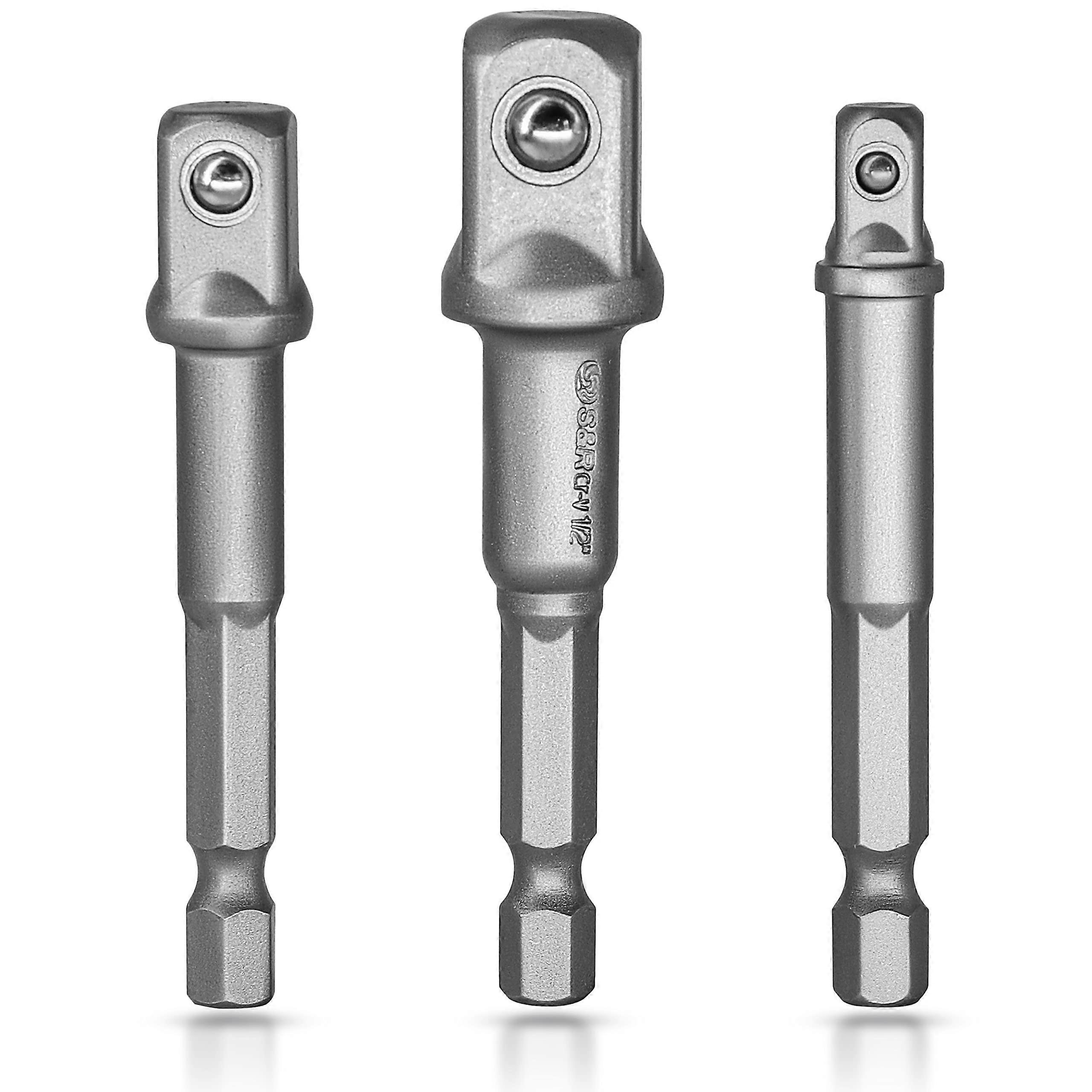 S&R Socket Holder Adapters on Drill Driver Impact Wrenches. Set of 3 1/4", 1/2", 3/8" Square Hex Mandrel Adapter in Chome Vanadium (Light Grey)