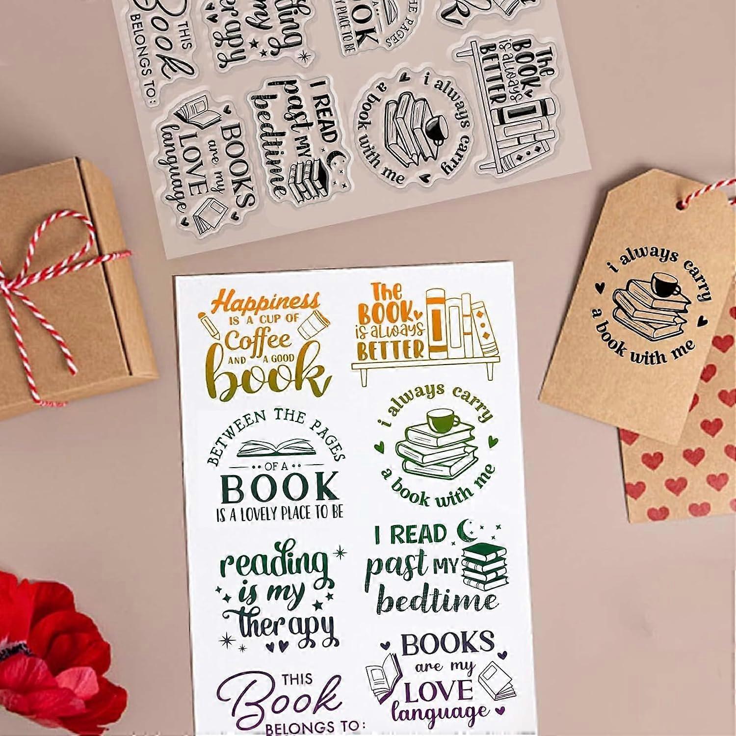 Book Clear Stamps for Card Making Decoration Scrapbooking Words Reading Books Lovers Bookshelf Coffee Silicone Rubber Stamp for Library Cards Photo Al