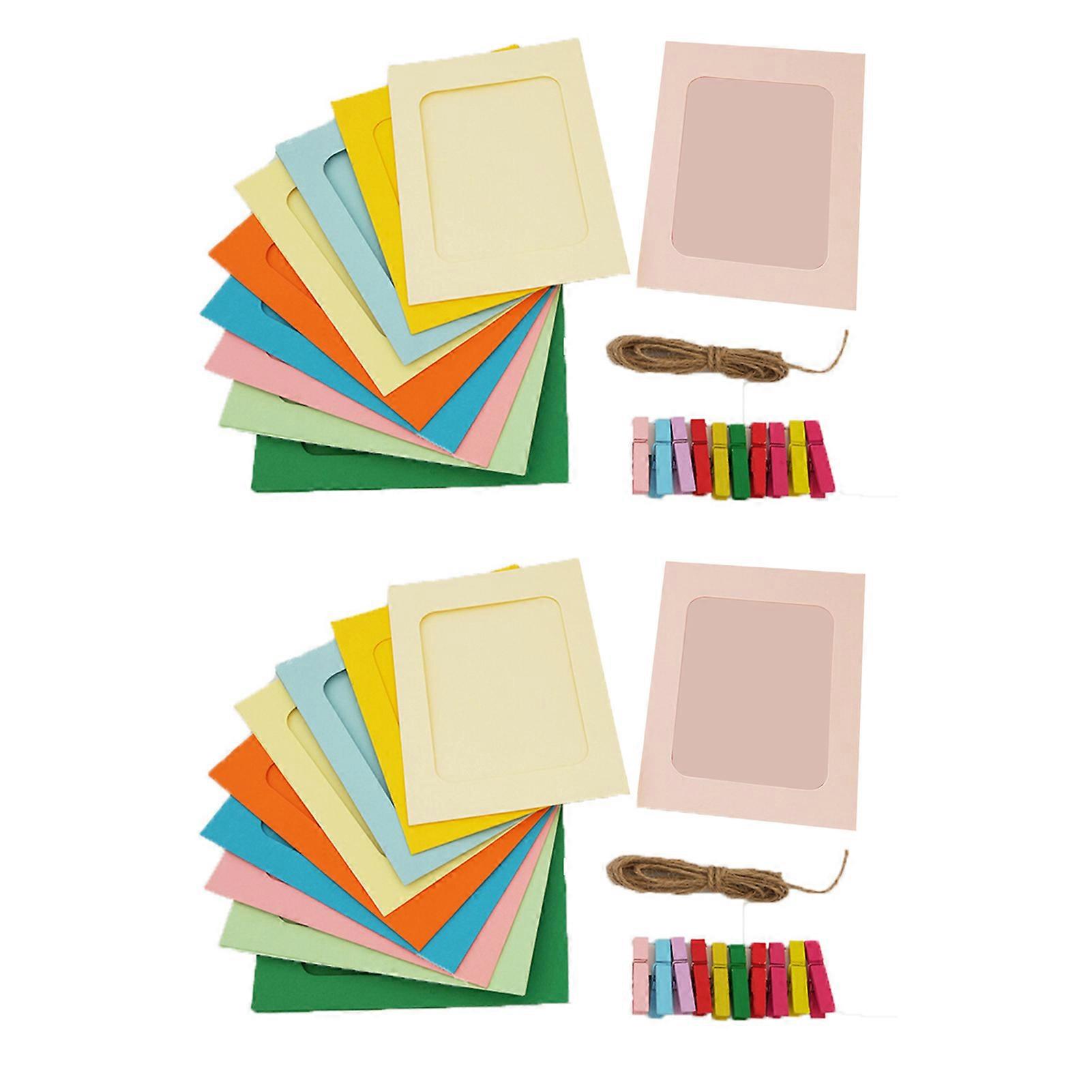 1 Set Paper Photo Frame with Mini Wooden Clips Jute Strings Easy Installation DIY Colorful Photo Hanging Display Kit Wall Decor