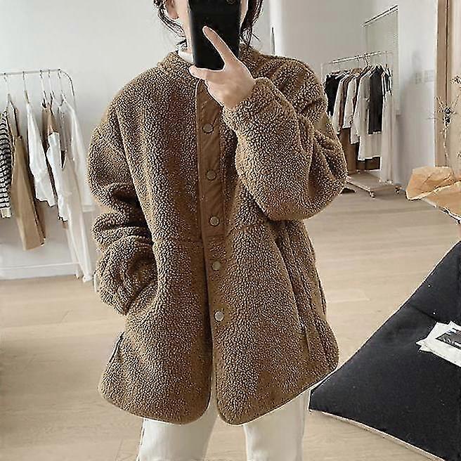Faux Lamb Wool Coat Women's 2022 Winter New Loose And Thin Stand-up Collar Design Niche Age-reducing Thick Coat Crewneck Long Sleeve Jacket