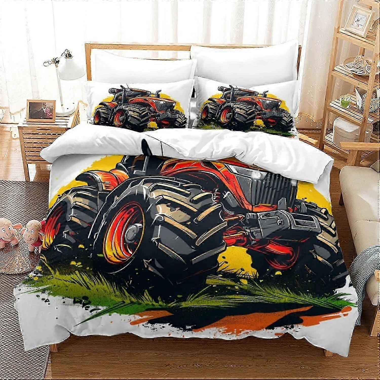 J3167 Lençóis Capa de edredão de trator Impressão 3D Microfibra macia Conjunto de conjuntos de cama de 3 peças com fecho de zíper oculto Capa de edredom de fazenda com travesseiros