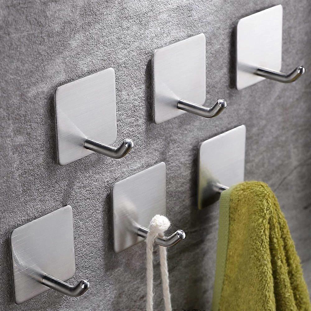 Hooks Self-Adhesive Towel Hooks No Drilling Clothes Hooks Stainless Steel Pack of 6 for Bathroom and Kitchen