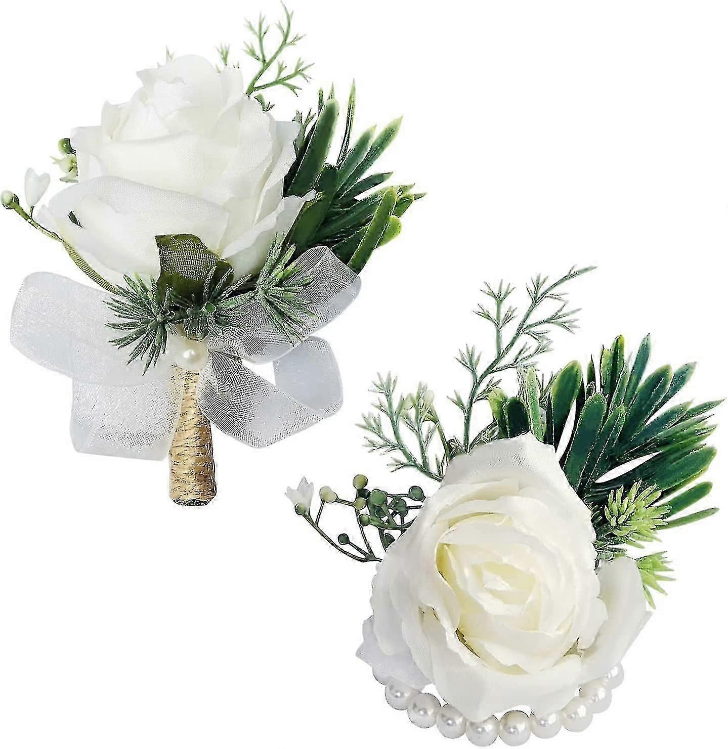 2pcs Corsage and Boutonniere Set - Artificial White Wrist Corsage and Boutonniere for Special Occasions