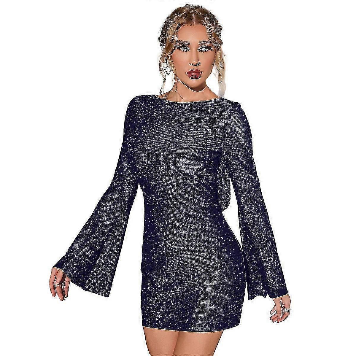 Dámské Backless Flounce Sleeve Šumivé Mesh Mini šaty