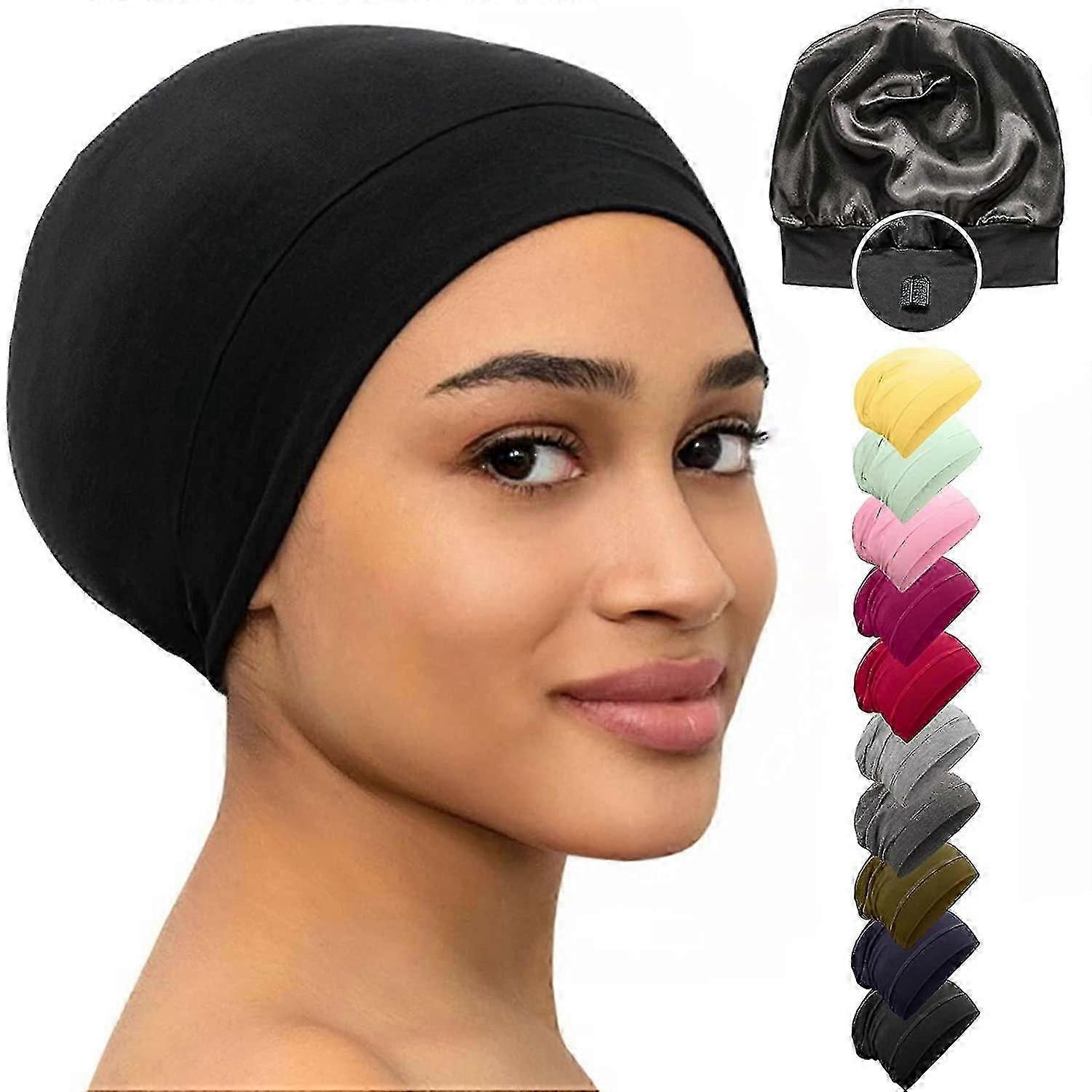 Cuffia in seta per dormire, cuffia in raso, cuffie per capelli, cuffie nere per dormire in seta da donna