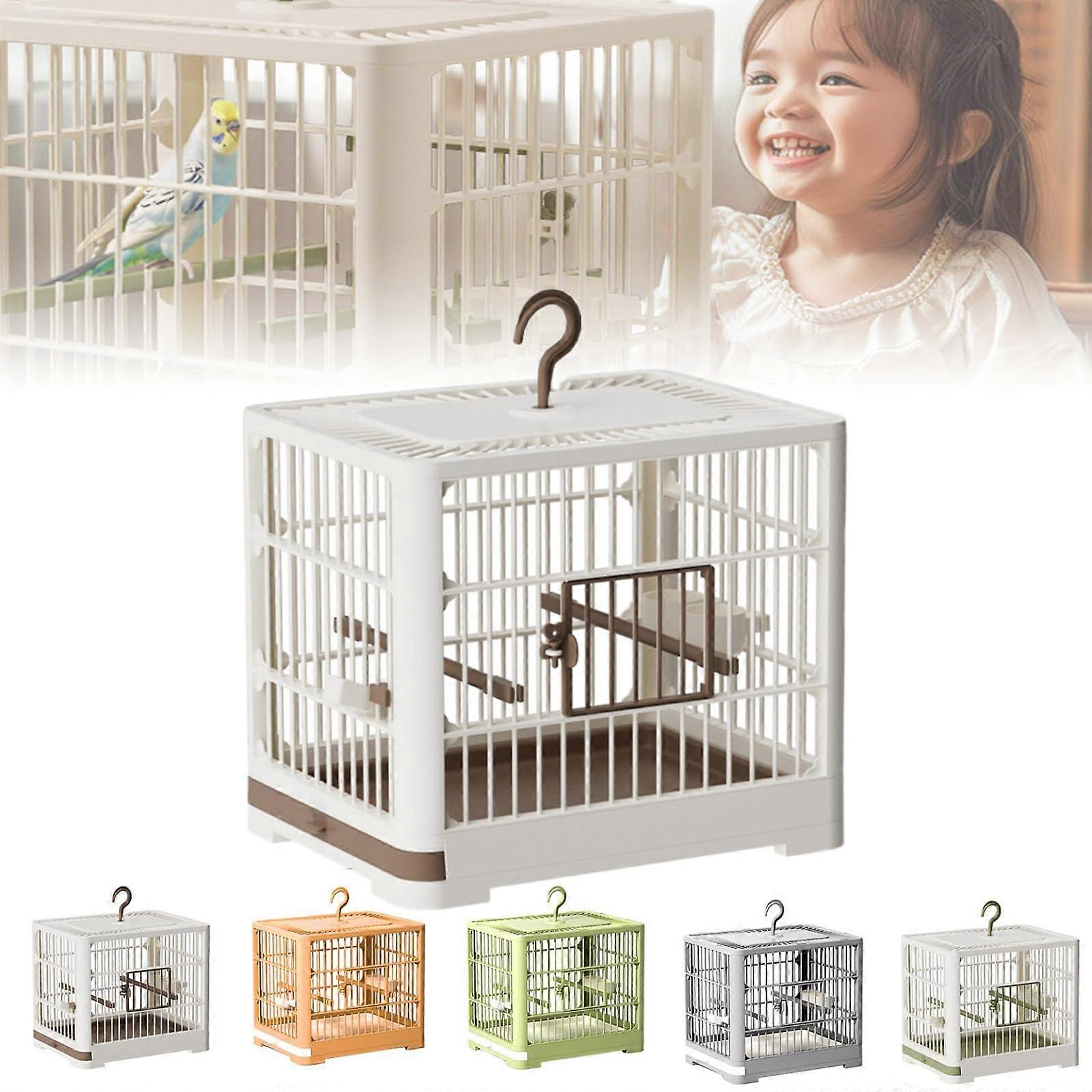Small Bird Cages for Parakeets - Portable Travel Carrier with Standing Pole, Detachable Tray, Hook Handle, White and Brown