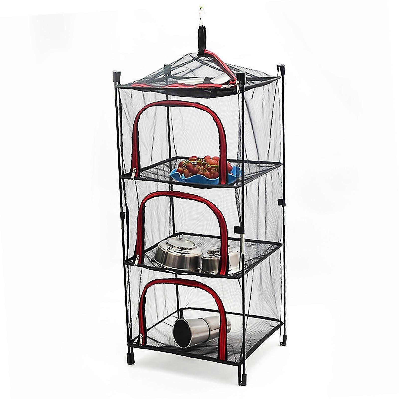 3 Layer Hanging Mesh Rack Foldable Multifunction Portable Foldable Drying Net for Vegetables Flowers Red