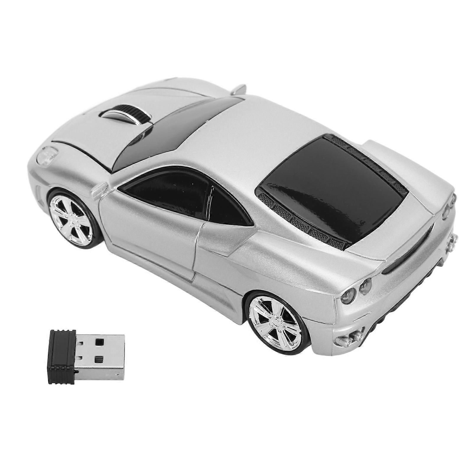 Souris sans fil argentée style voiture de sport, récepteur USB 2,4 GHz, 1 600 DPI, lampe frontale LED, souris de bureau pour ordinateur portable