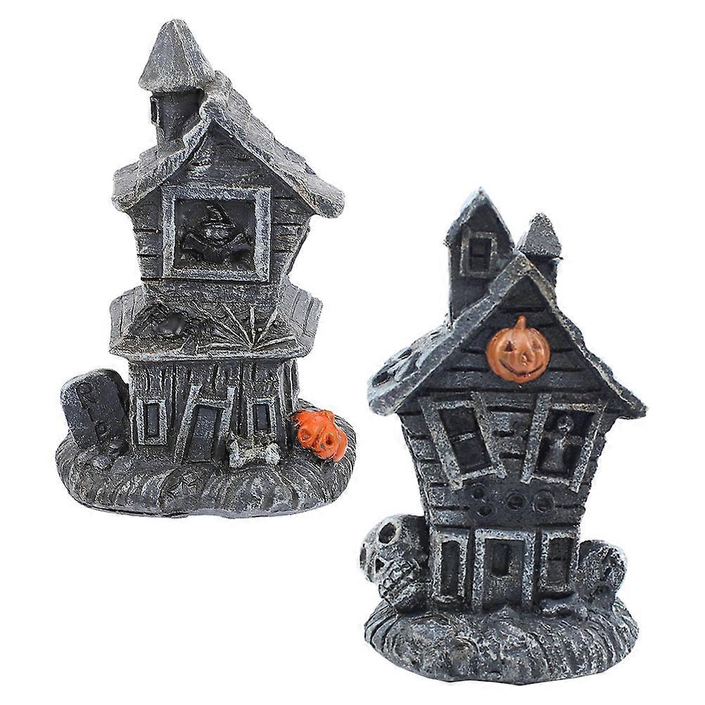 Halloween Miniatures Resin Mini Haunted House Ornaments With Lights For Families 2Pcs