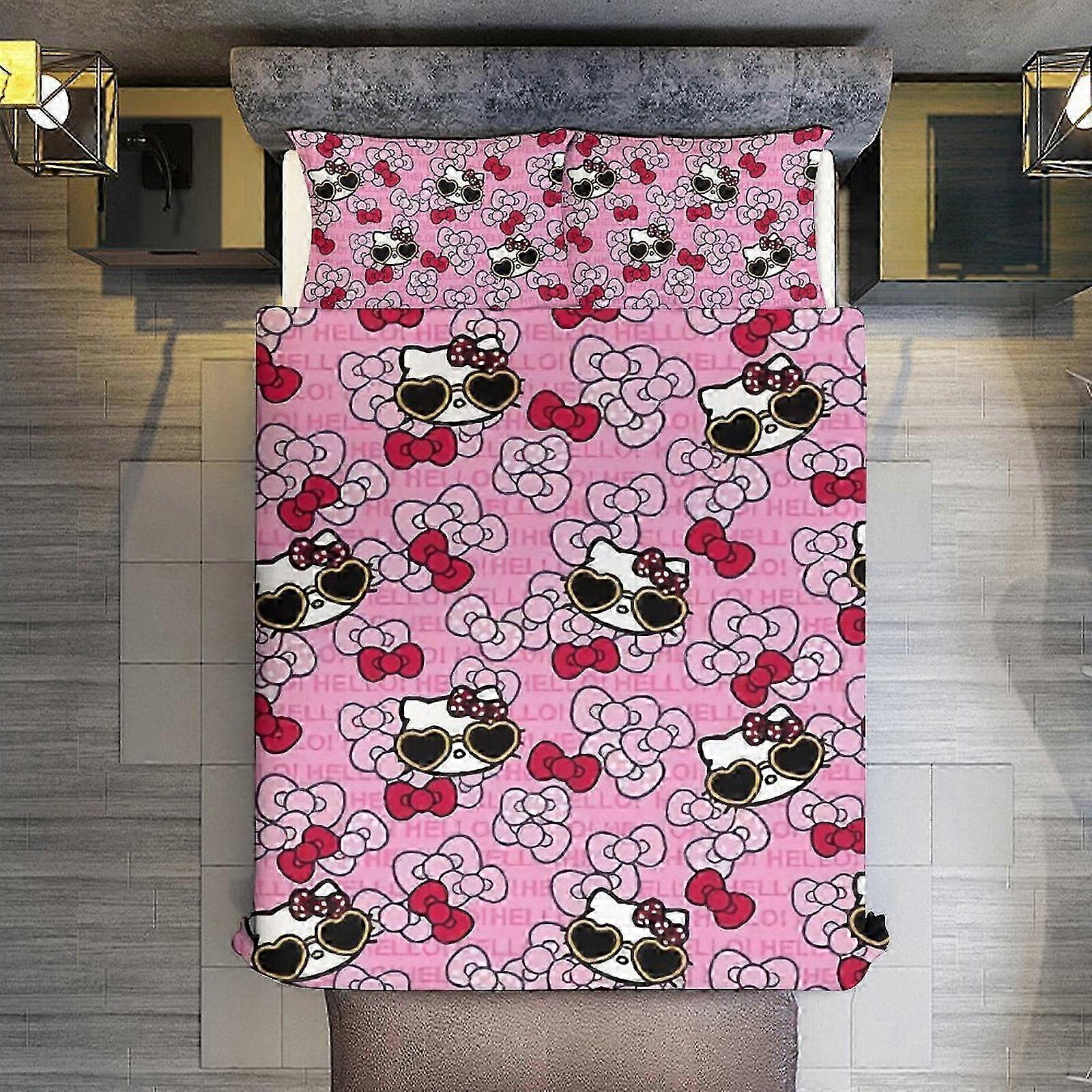Bedding set for Hello Kitty with Glasses 3 Pieces Duvet Cover Set Full Size Super Soft Fade Resistant Microfiber 1 Cover with Zipper and 2 P