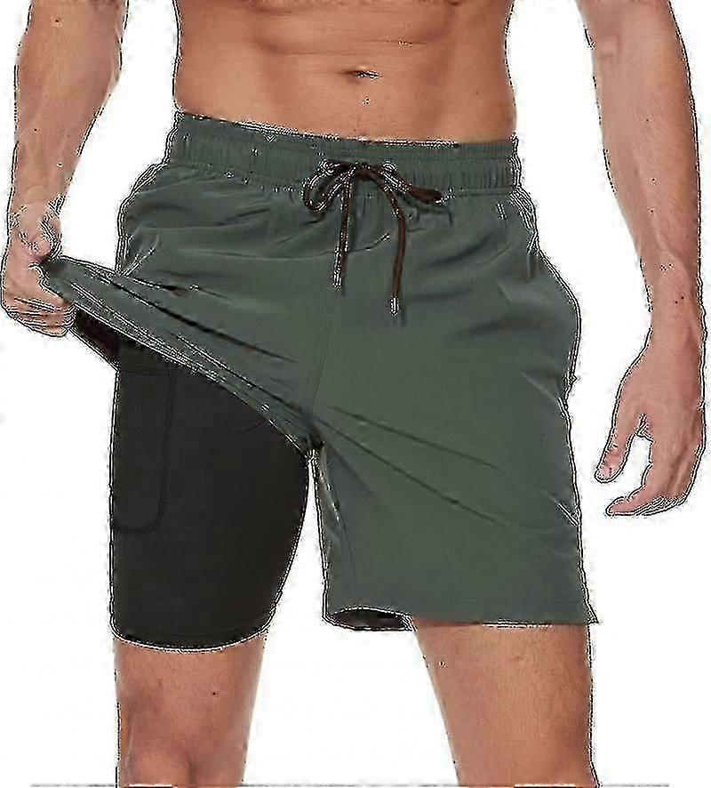 Men's 2 In 1 Quick Dry Swim Shorts with Compression Liner and Zipper Pockets, Suitable for Surfing and Beach Activities