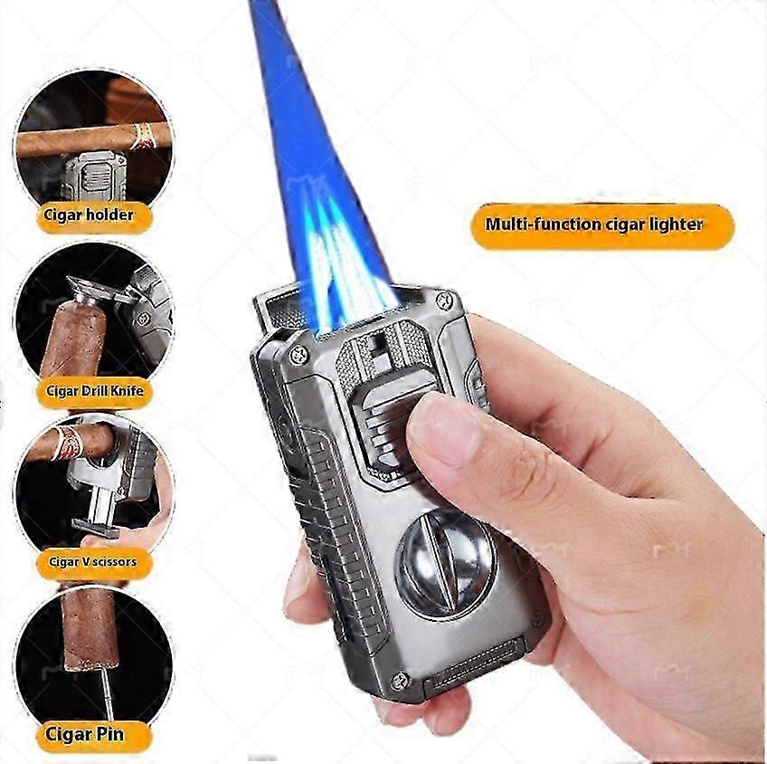 Sigarettenner, fakkellighter med 3 jetflammer, påfyllbar butanlighter med sigarkutter, V-kuttet sigarpunch, sigarholder, sigartrekkforsterker, flott sigar