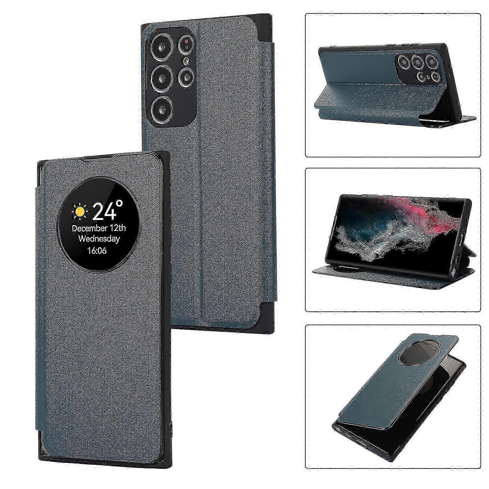 Capa para Samsung Galaxy S24, função inteligente de suspensão/despertar, janela de visualização, capa flip de couro premium com compartimento para cartão, suporte para carregamento sem fio