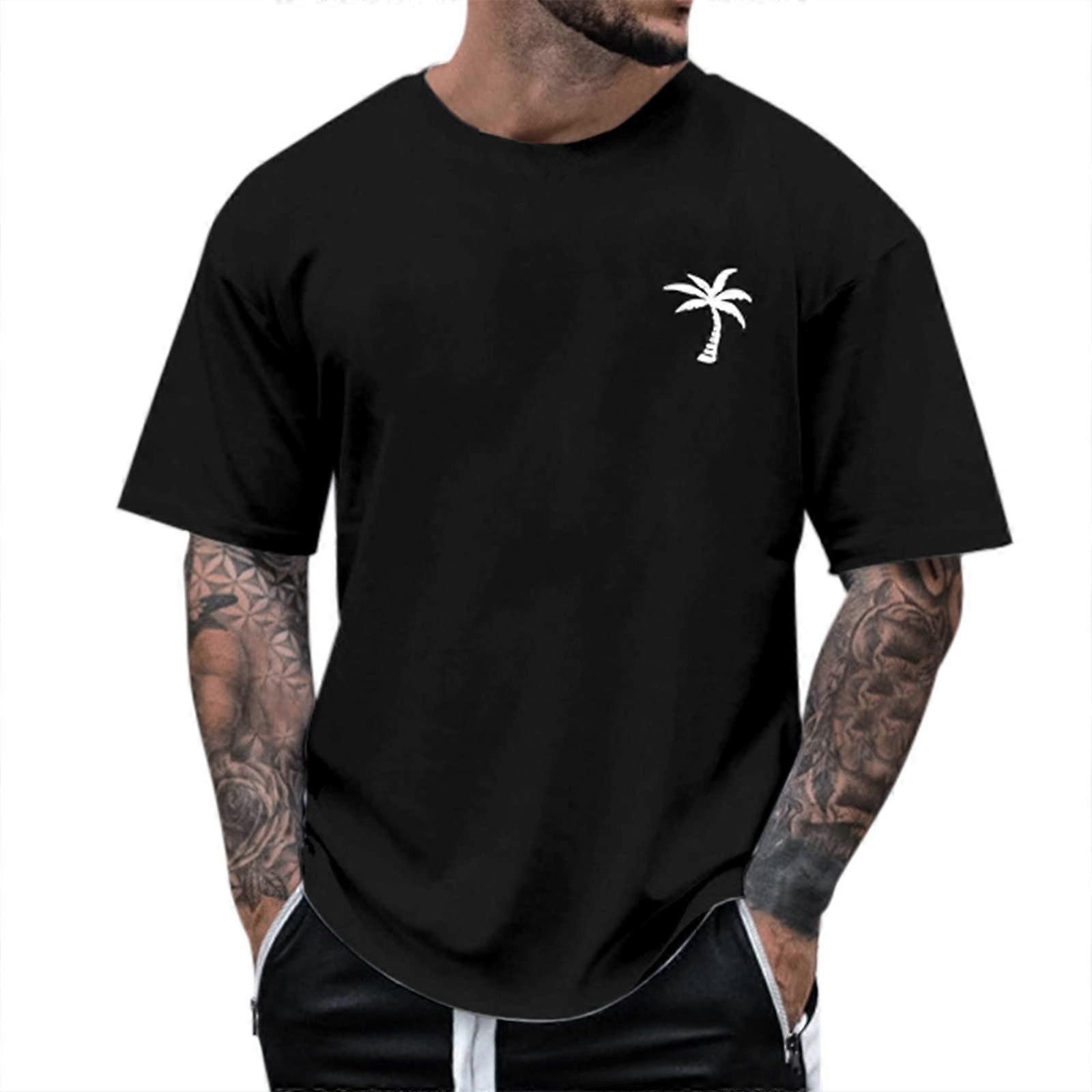 Oversized T-Shirt Men's Coconut Trees Print Summer Hawaiian Short Sleeve Crew Neck Plus Size Schwarz 3XL Breathable Cotton