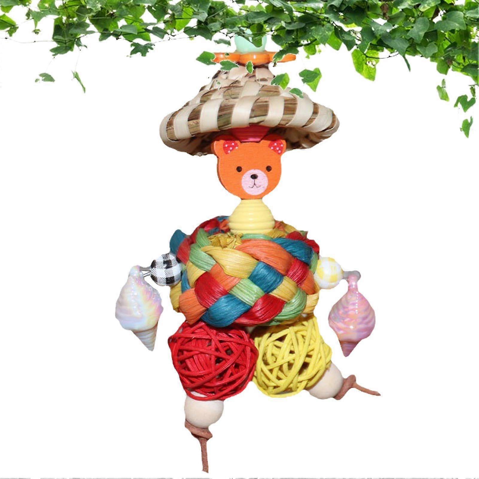 Large parrot toy, foraging toy for parrots with straw hat, human shape, interactive colorful nesting ball
