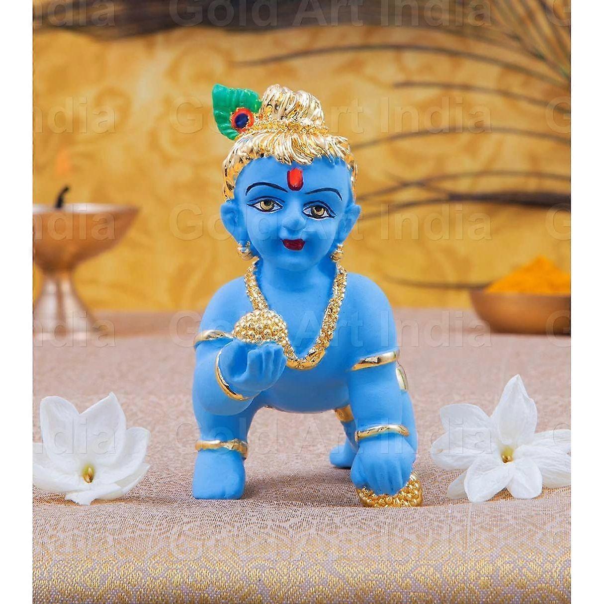 Laddu Gopal Idol Gold pated with Blue Terracotta Finish | Lord Krishna | Bal Gopal |Thakur Ji | Ladoo Gopal ji (6 x 8 x 4 Cm)