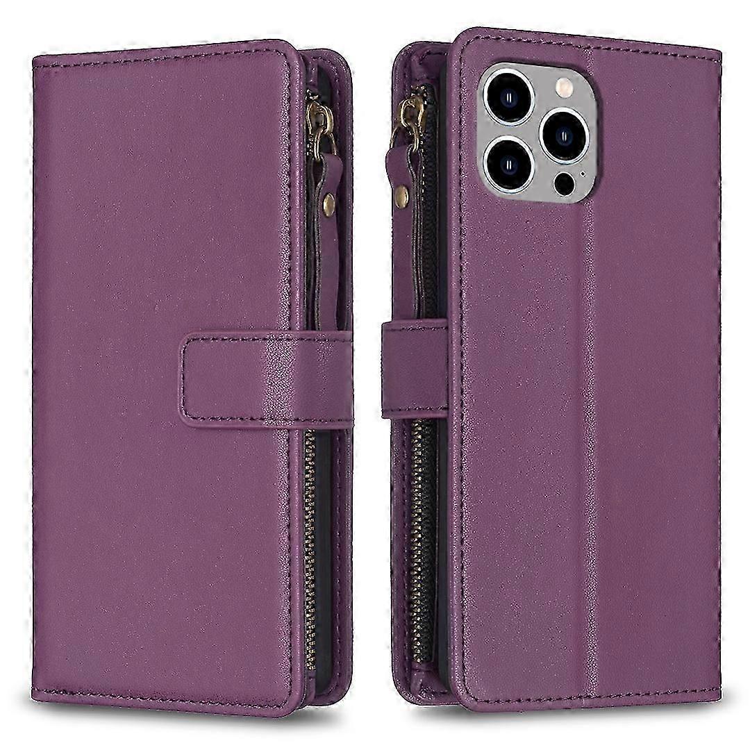 For iPhone 14 Pro Max 9 Card Slots Zipper Wallet Leather Flip Phone Case