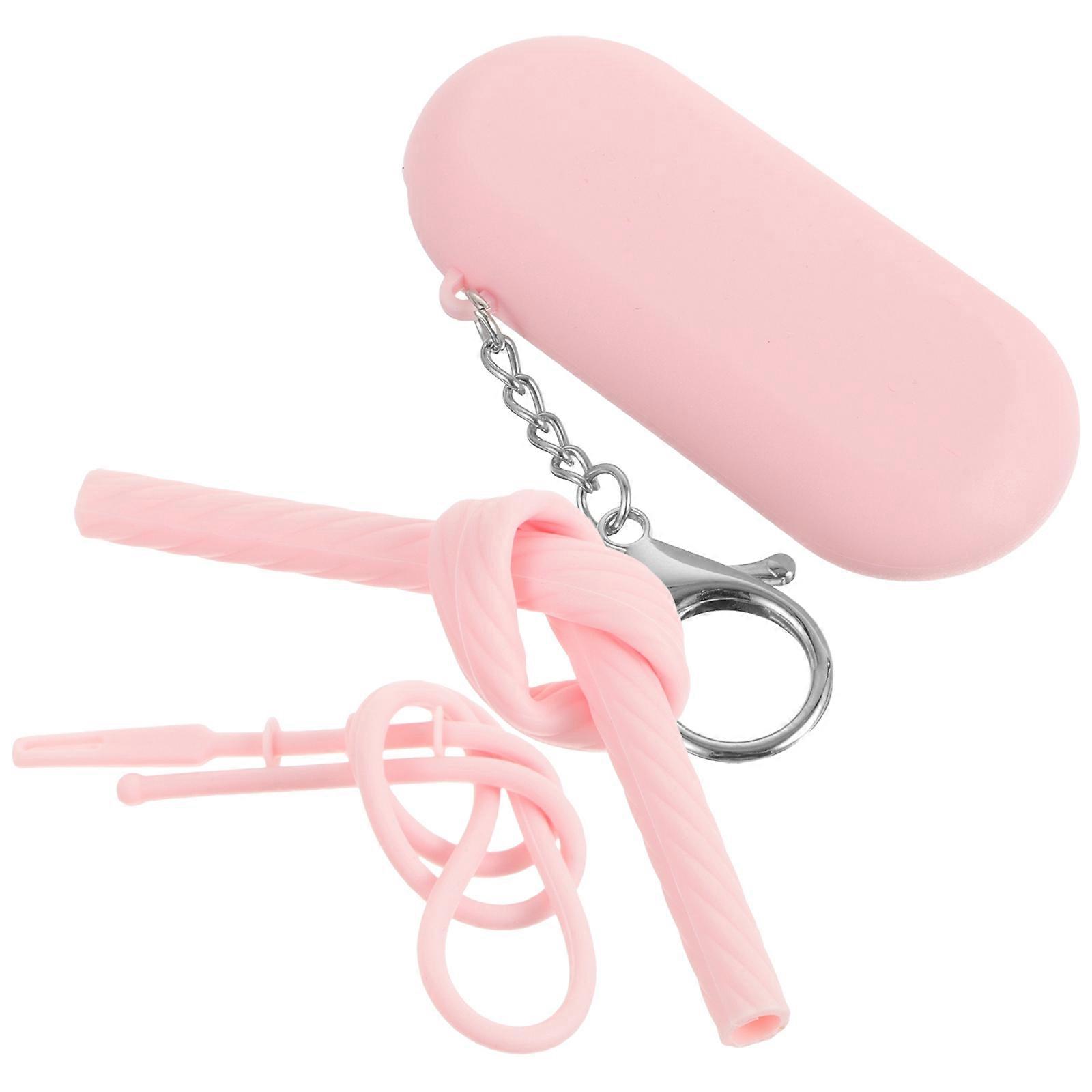Reusable Silicone Straws Travel Kit with Case and Key Chain for Outdoor Use in Pink Color