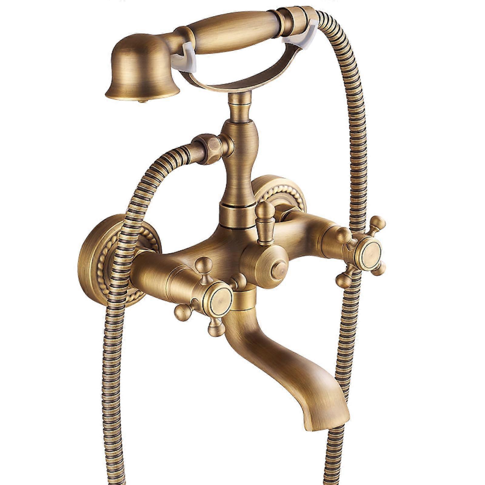 Shower System Clawfoot Tub Faucet Set 2Function, Double Cross Handles, Wall Mounted, Antique Brass