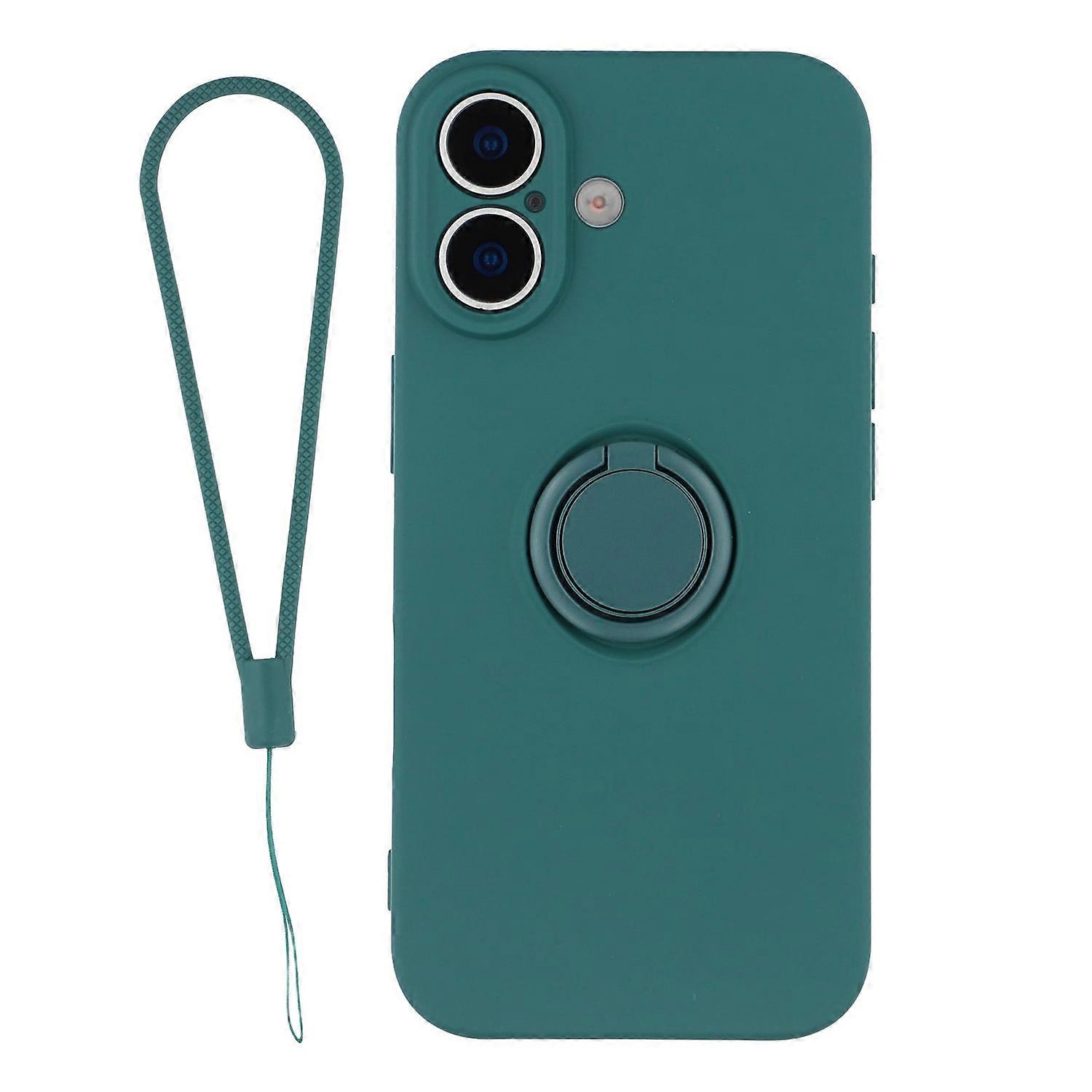 For iPhone 17 Silicone Case with Strap Ring Kickstand Phone Cover - Blackish Green