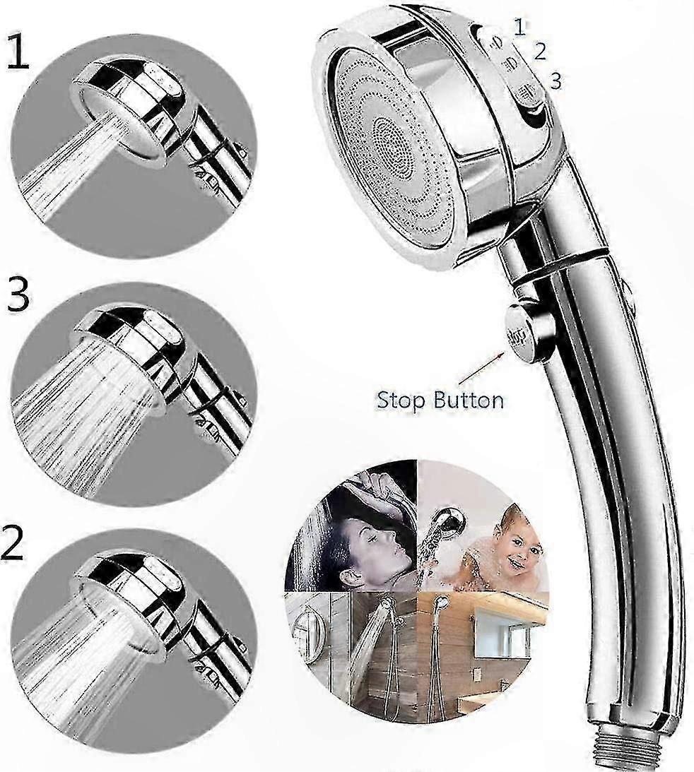3-in-1 Adjustable Shower Head with Pause Function, Chrome Handheld Showerhead, 360 Degree Rotating Spray Nozzle