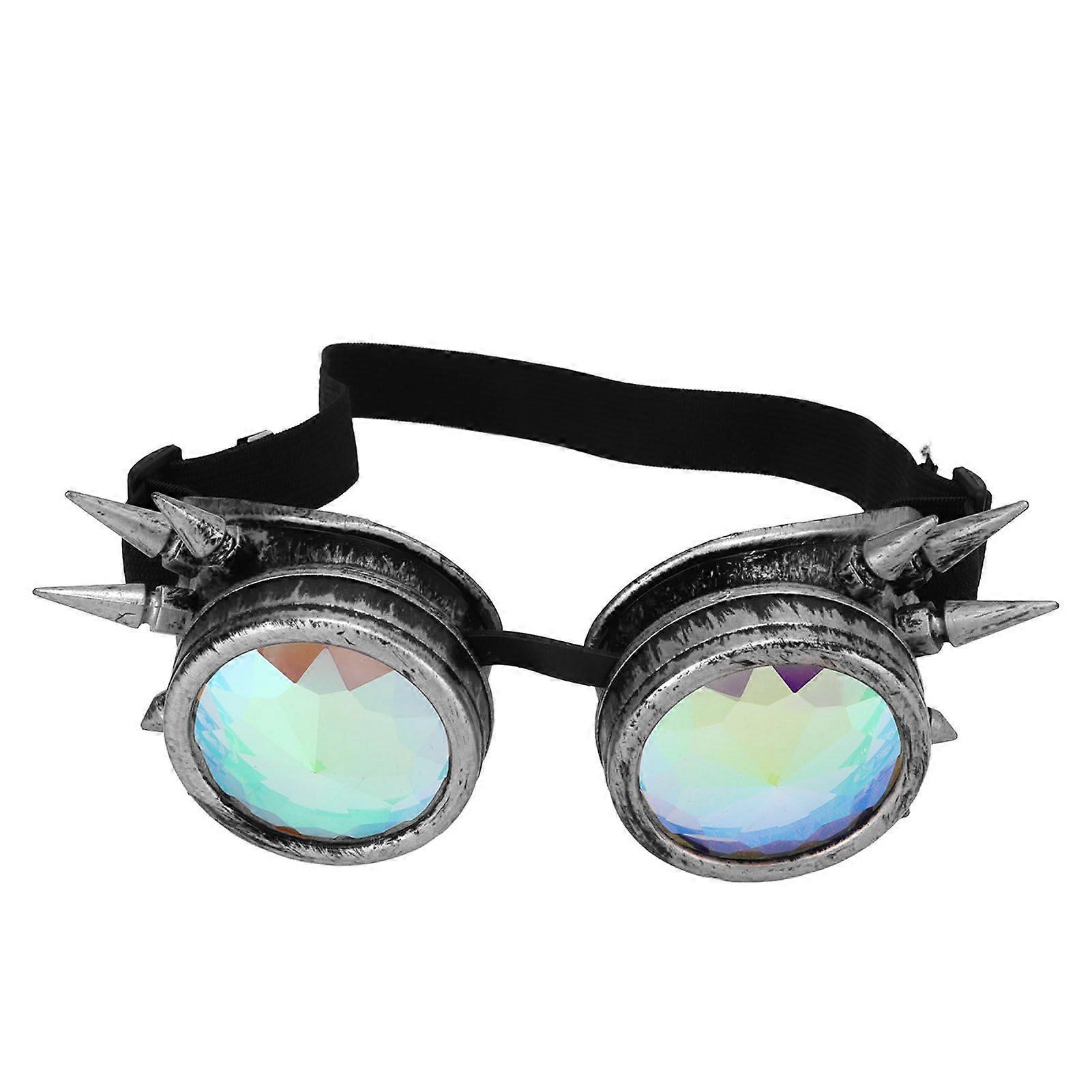 Halloween Kaleidoscope Rave Goggles Rainbow Crystal Lenses Adjustable Trippy Psychedelic Steampunk Goggles Antique Silver