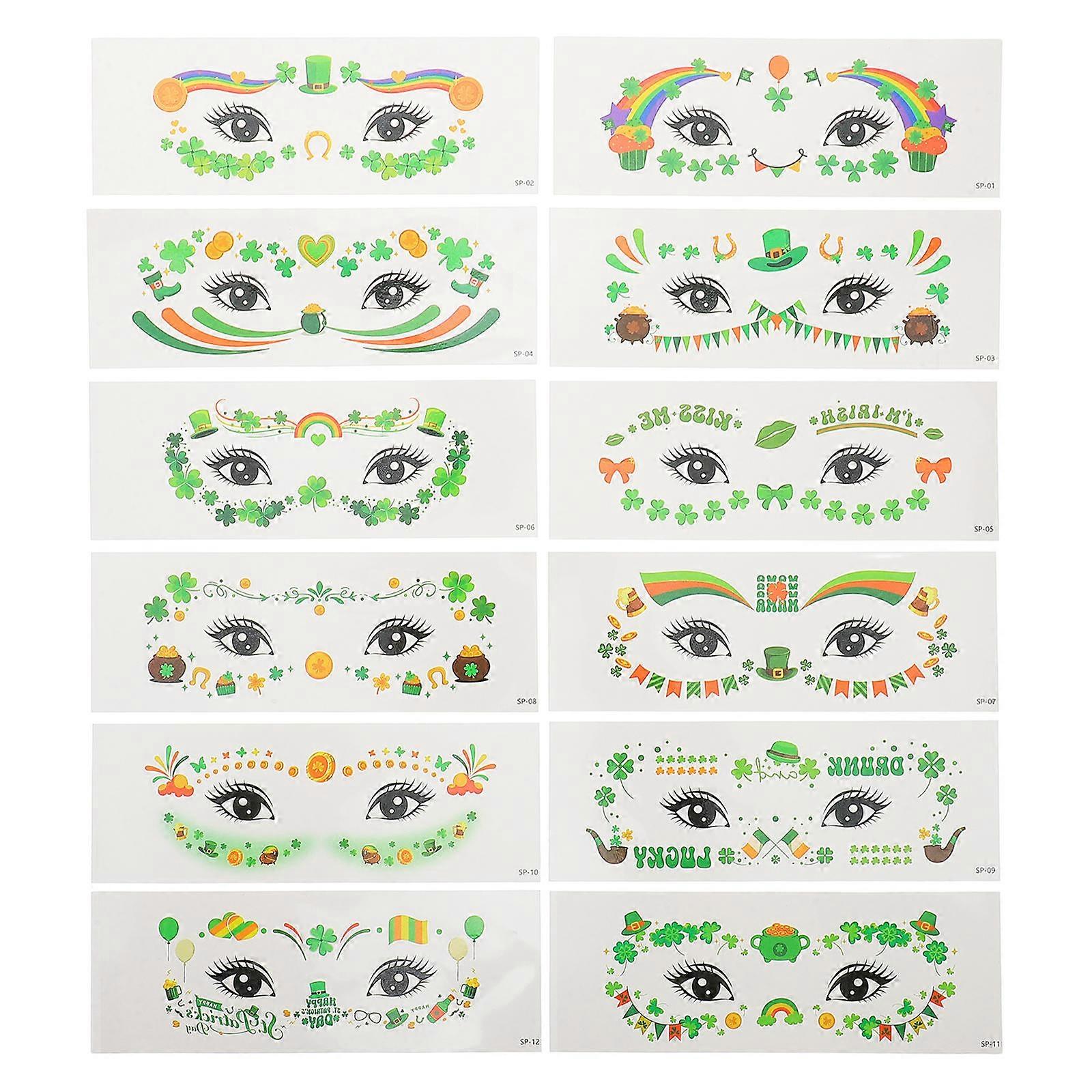 Irish Festival Facial Stickers 12 Sheets Shamrock Art Temporary For Partygoers Unique Style For Holiday Decorations And Parades