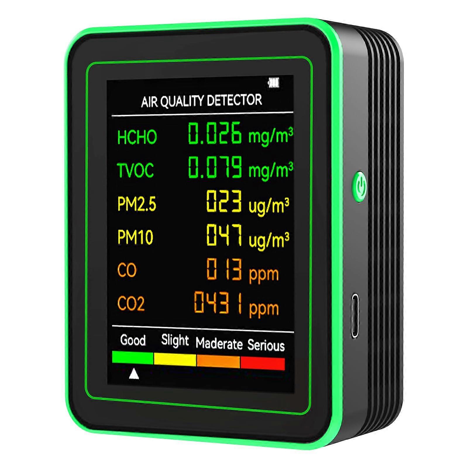 Intelligent Indoor Home Air Pollution Detectors Inspector CO2 Temperature Humidity TVOC Formaldehyde Black Green