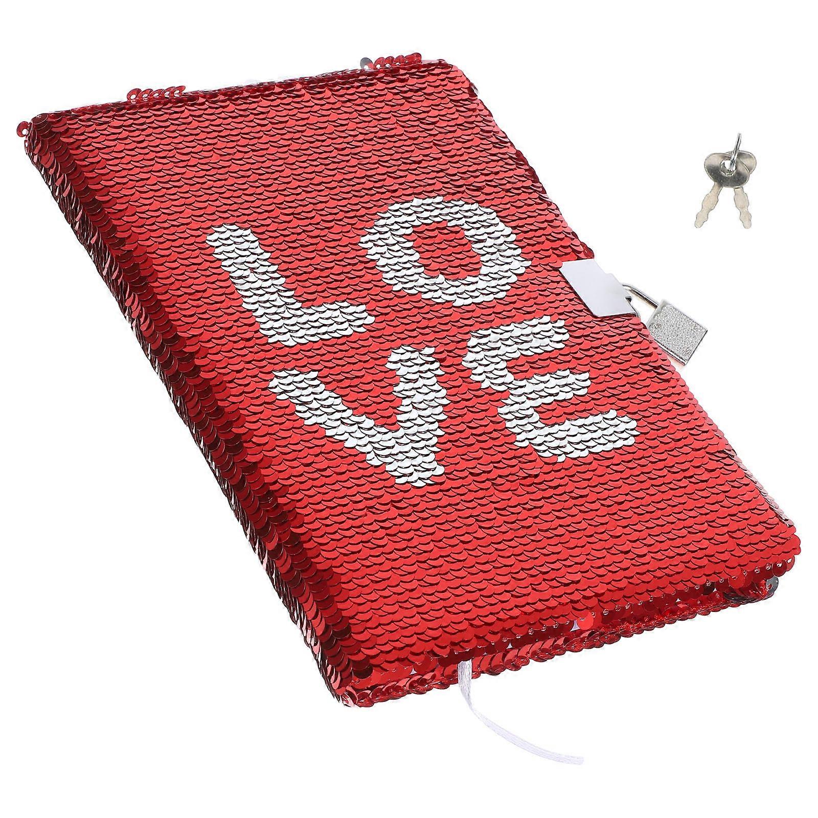 Portable Sequin Notebook Lockable Notebook for Diary with 3Pcs Red