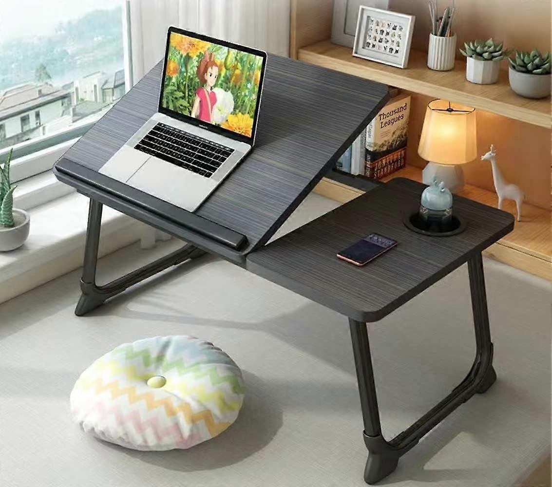 Foldable Laptop Bed Desk - Adjustable Portable Lap Desk for Sofa & Bed, Multi-Functional Notebook Stand with Cup Holder, Small Writing Table, Black