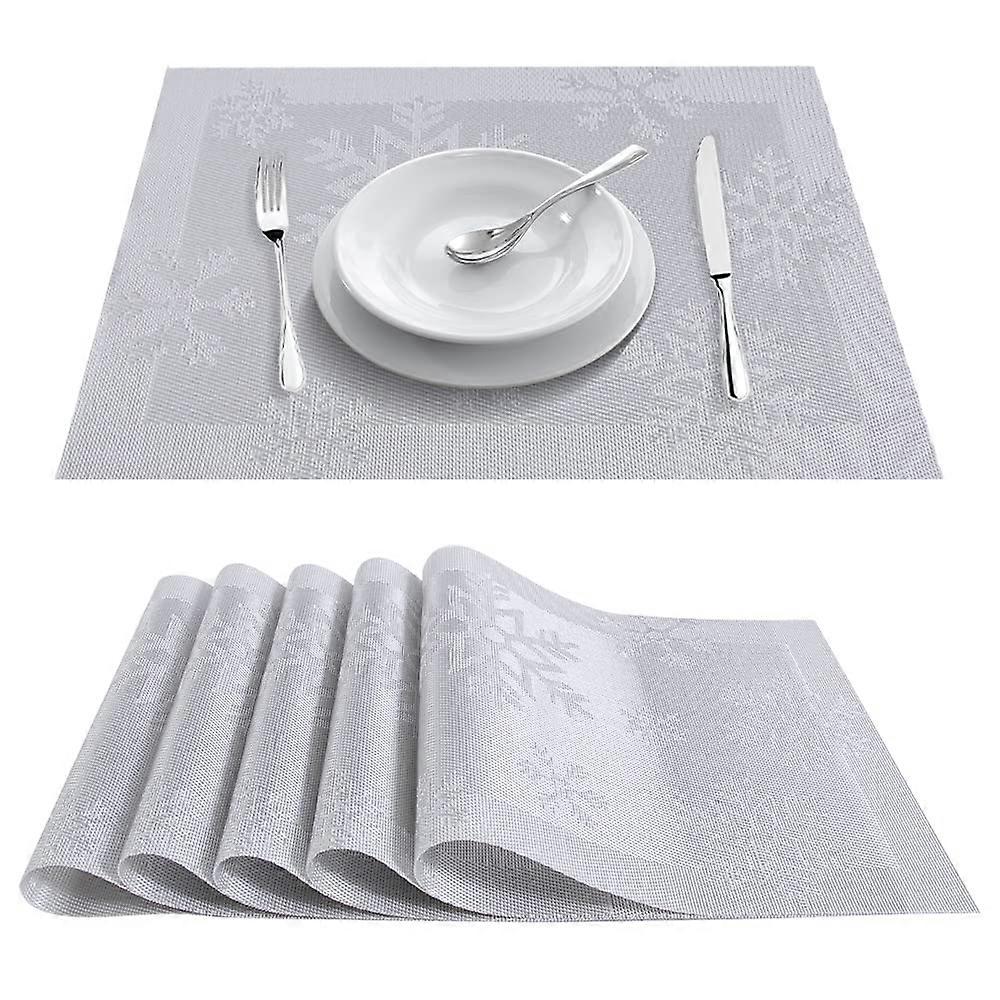 8Pcs Christmas Placemats Sets Christmas Placemats with Snowflake Patterns PVC Christmas Table Mats(17.7x11.8Inches)grey
