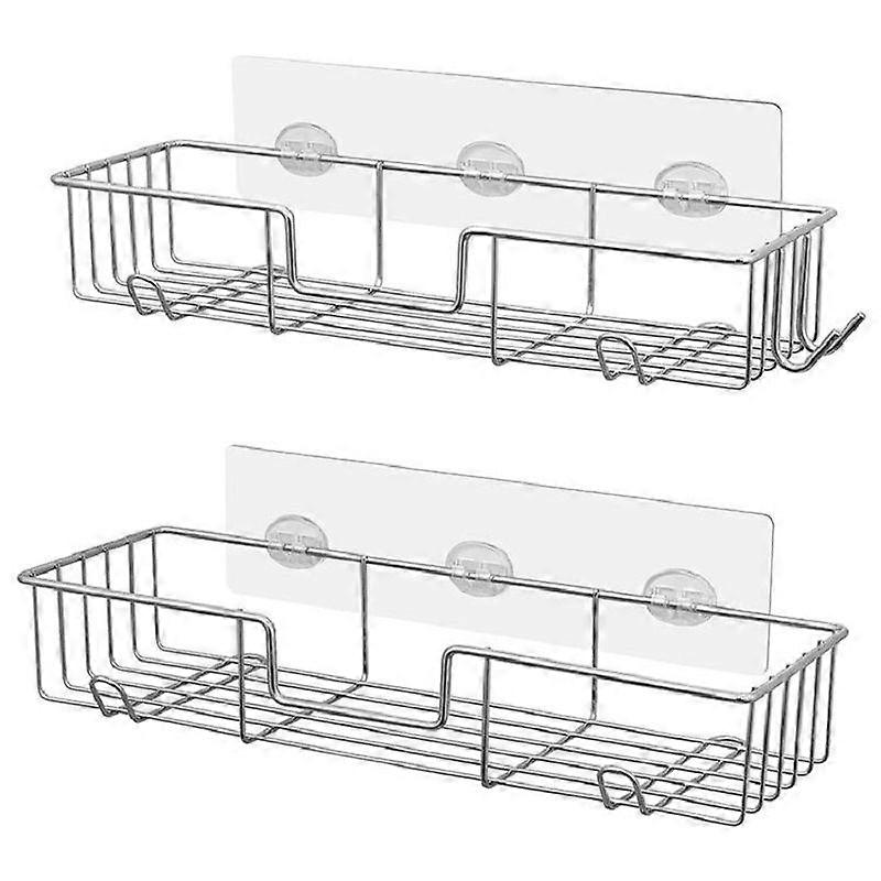 Adhesive Shower Basket Rack with Hooks, Wall Mounted No Drilling Required, Rustproof Stainless Steel, 2-Piece Set, Silver