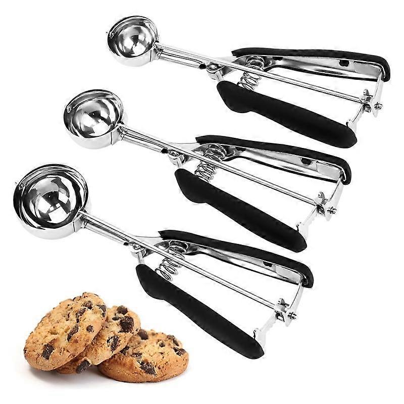 3-Piece Cookie Spoon Set, Baking Scoop Set with Trigger Release Ice Cream Spoons, Stainless Steel Baking Cookies Spoons, Non-Slip Handle