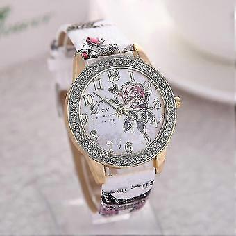Vintage Idyllic Peony Flower Pattern Leather Strap Women Quartz Watch