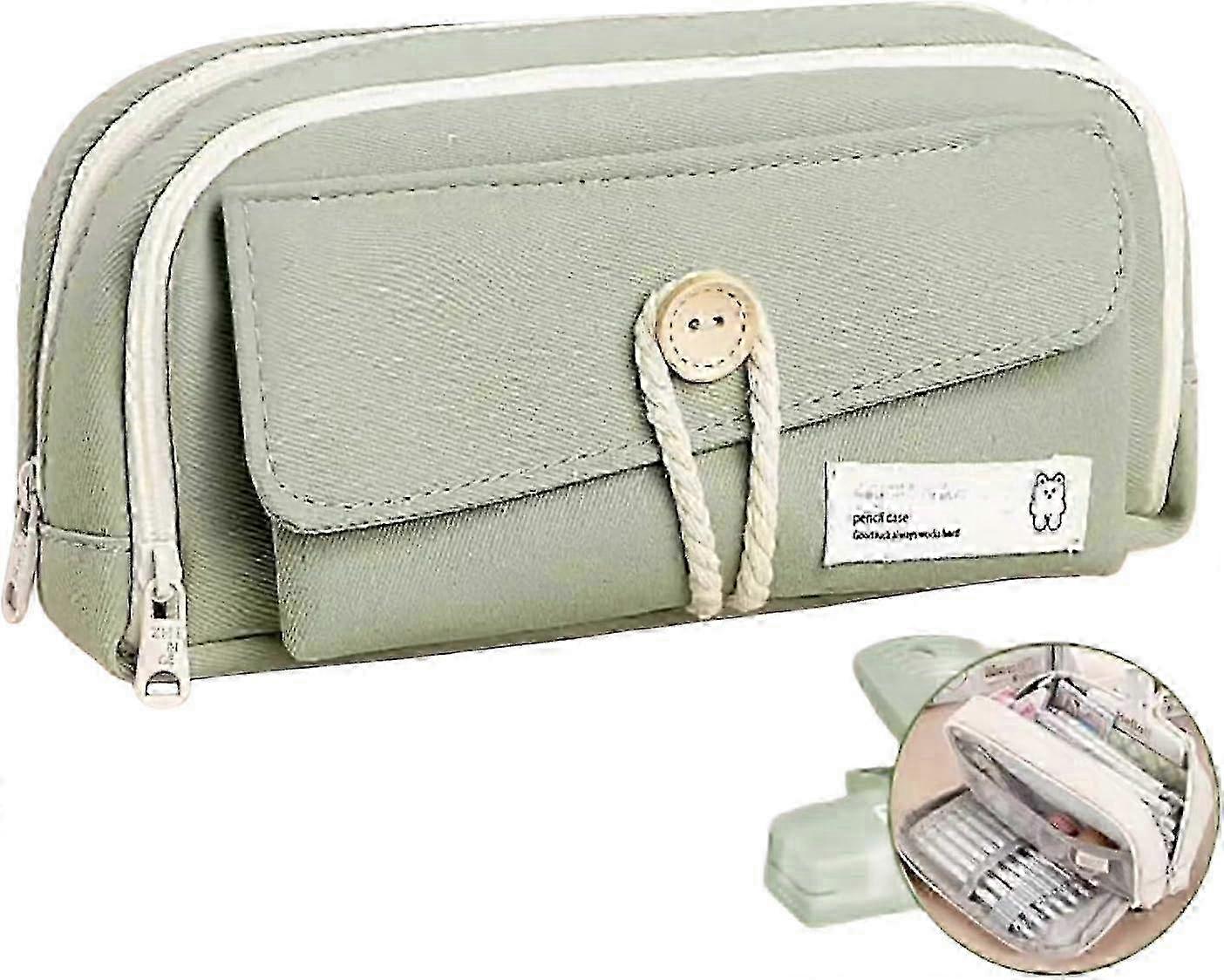 2025 Kawaii Canvas Pen Pouch Bag with Large Capacity and Multi-layered Organization (Beige)