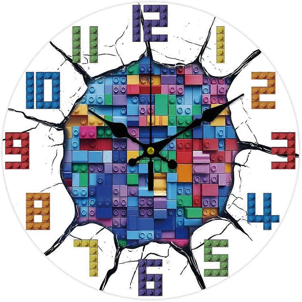 Building Blocks Wall Clock Non-Ticking Clock 12 Inch Cracks Round Decorative Clocks Printed Wall Clocks for Home Office Decoration