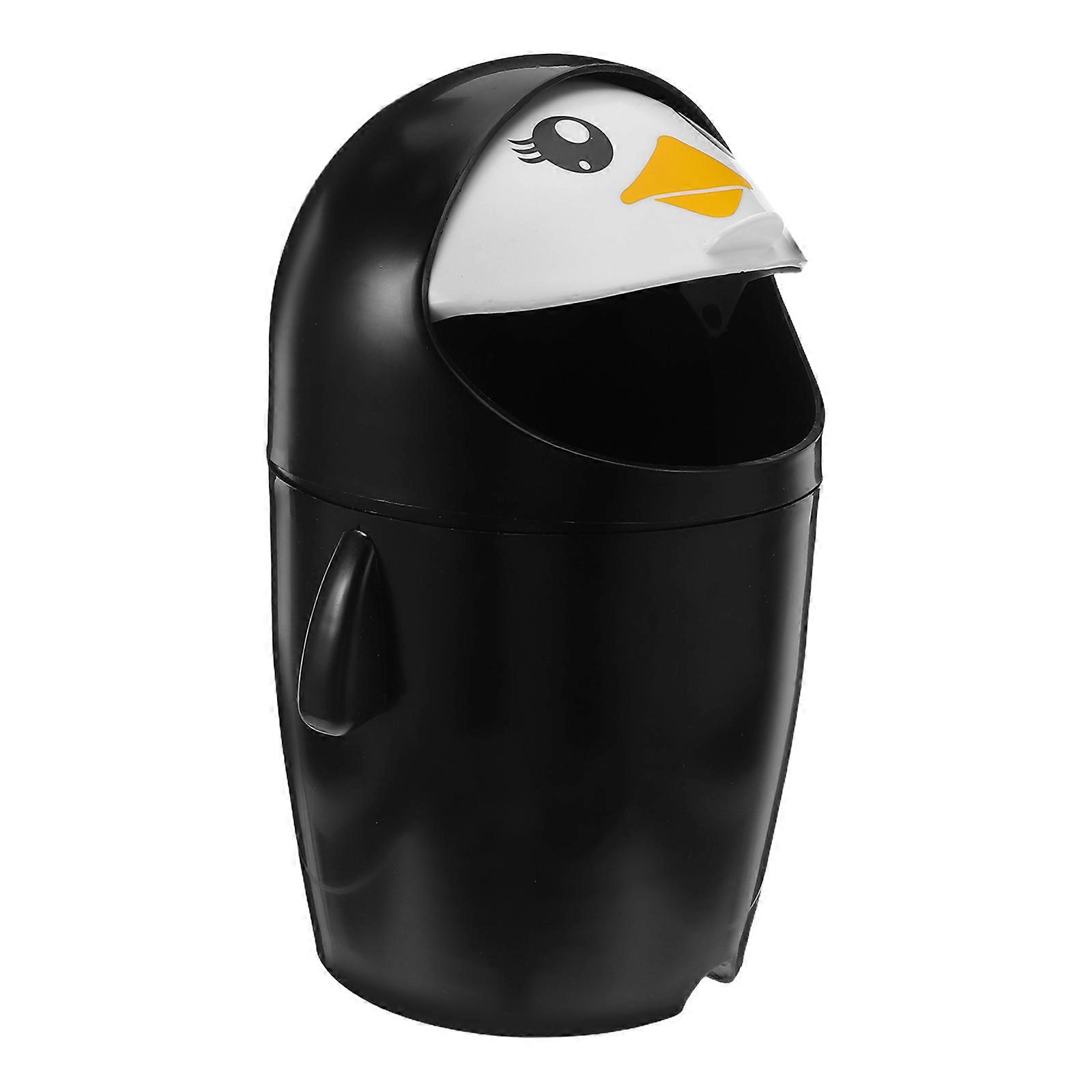 Black Penguin Desk Trash Can with Lid for Office Tabletop Rubbish