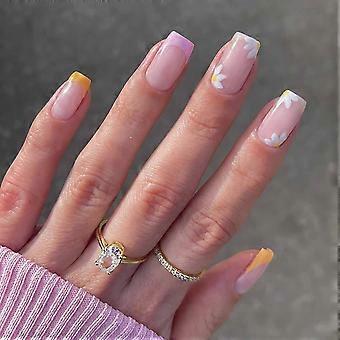 Medium Press on Nails French Fake Nails with Flowers Design Colorful Square Nails for Women Multicolor Medium