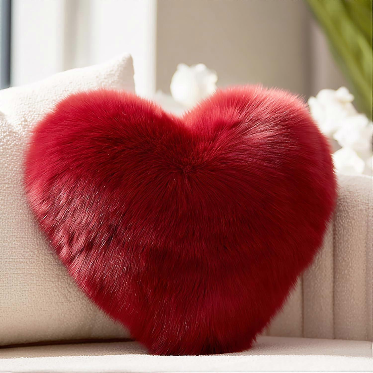 Heart Pillow Faux Fur Heart Shaped Cushion, UltraSoft Plush Decorative Throw for Bed or Sofa, Red