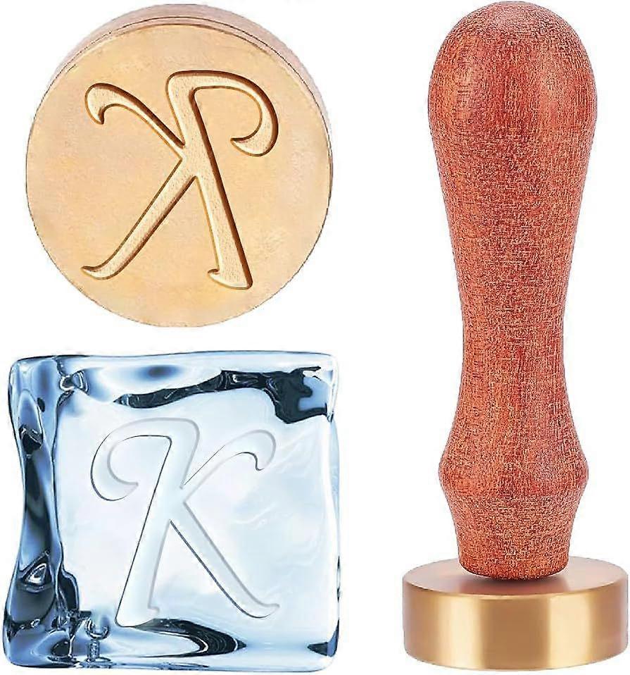 Letter K Ice Stamp Ice Bar Drinks Stamp with Pear Wood Handle and Rectangle Velvet Pouches for Cocktail Ice Drinks Making Whiskey Mojito 1.2x0.4inch