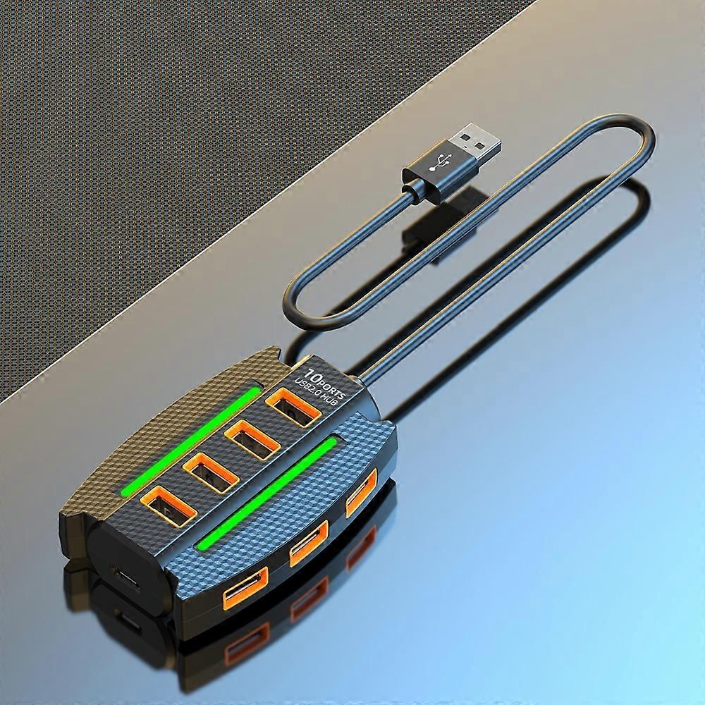 RGB Backlight 10 Ports USB 2.0 Splitter Extend USB Adapter 10 in 1 USB2.0 HUB Data Transfer High Speed USB Port Expander