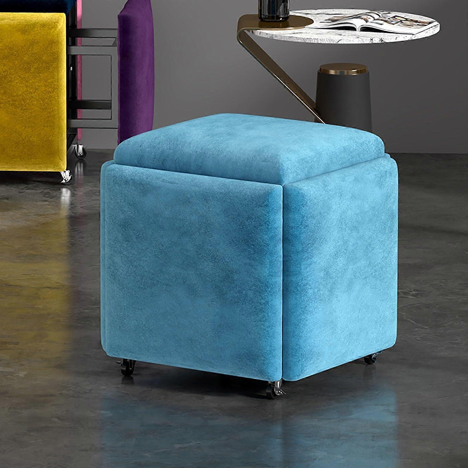5in1 Stackable Ottoman Cube with Swivel Casters, SpaceSaving Convertible Seating Set, Blue 45x45cm