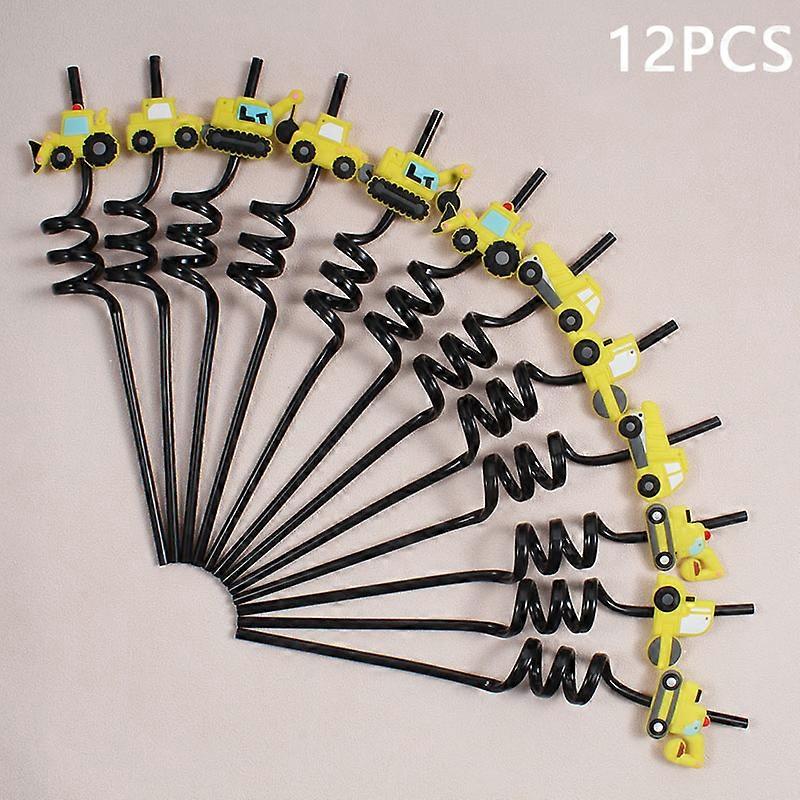 12pcs Construction Vehicle Theme Straw Set, Reusable Twisted Straws, Perfect for Family Gatherings and Birthday Parties