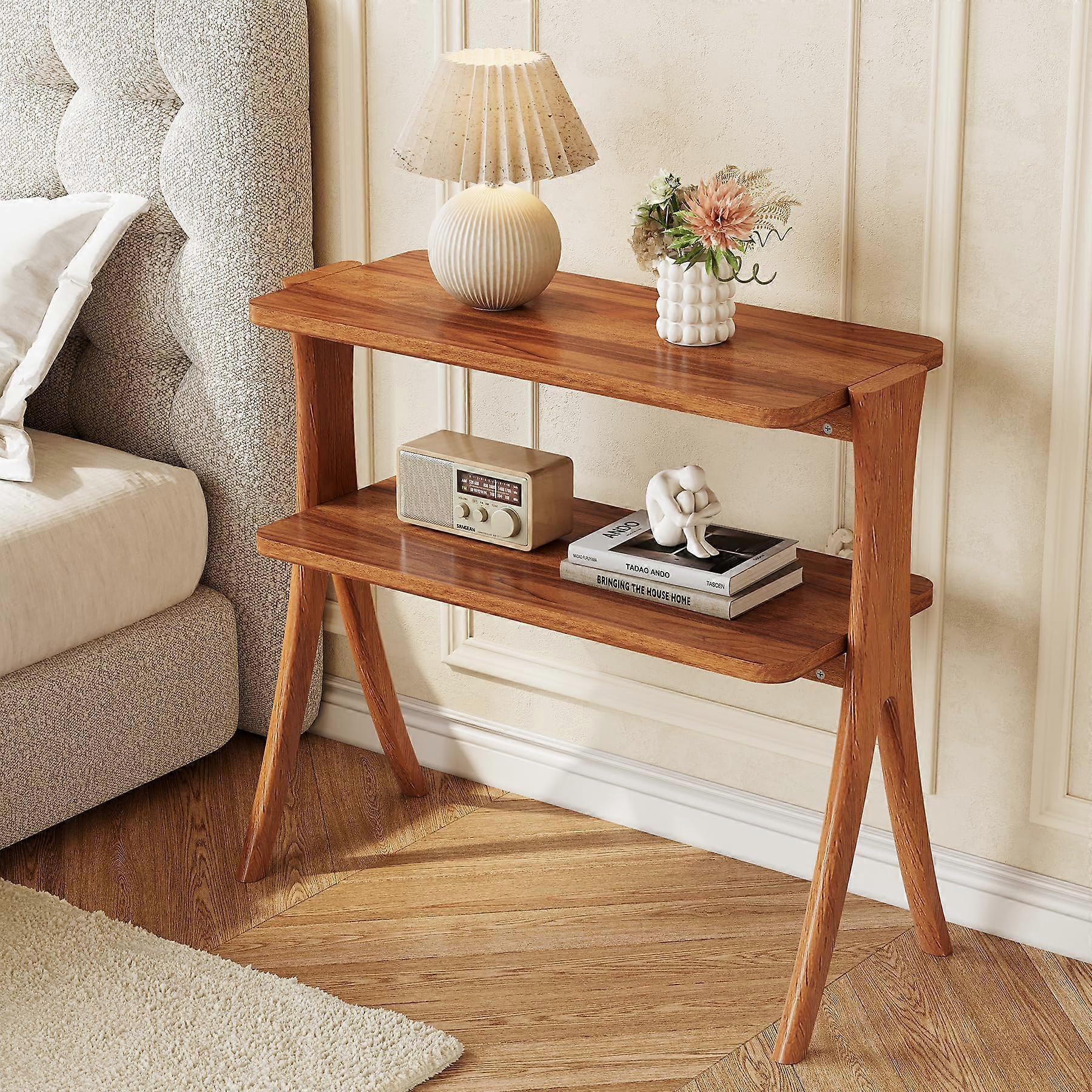 Narrow Side Table with Storage, 2Tier Walnut End Table for Living Room, Solid Wood Legs