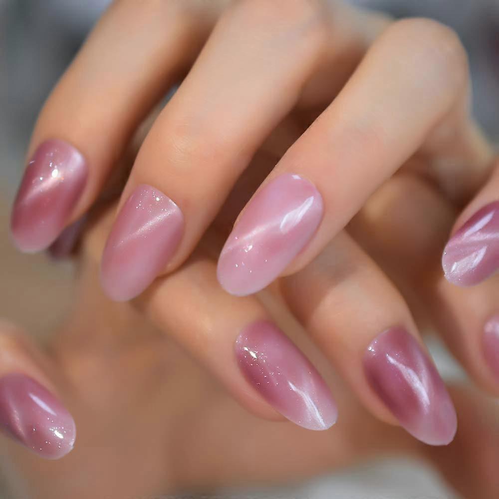 Pink Cat Eye Galaxy Press On Nails Handpainted Medium Oval Acrylic False Nails 24 Count