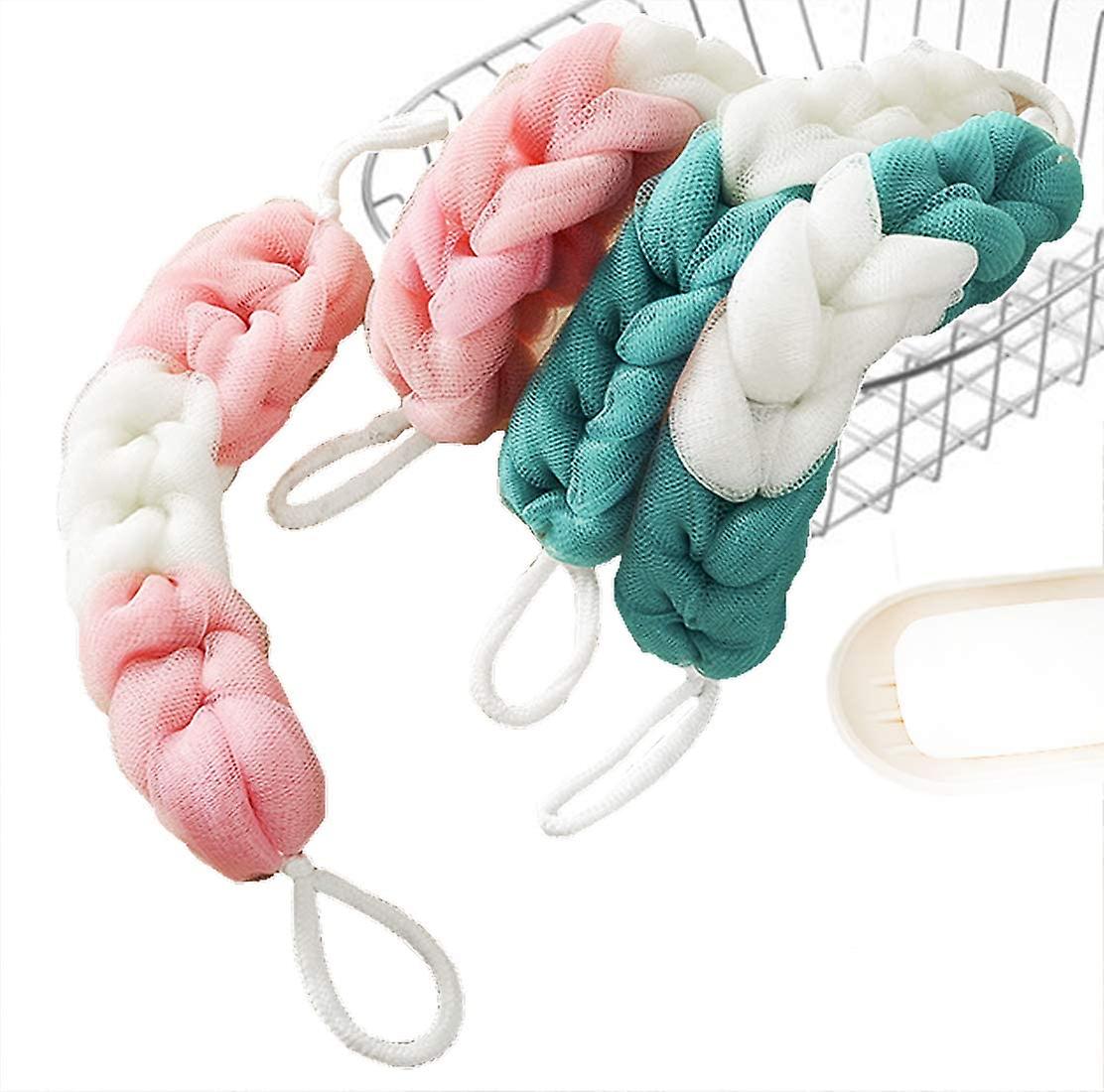 4パック、ロープハンドル付きロングストレッチバックスポンジ、入浴用バックスクラバーボディスポンジ、バスシャワーメッシュスポンジボディ、男性用と女性用ディープクリーニング