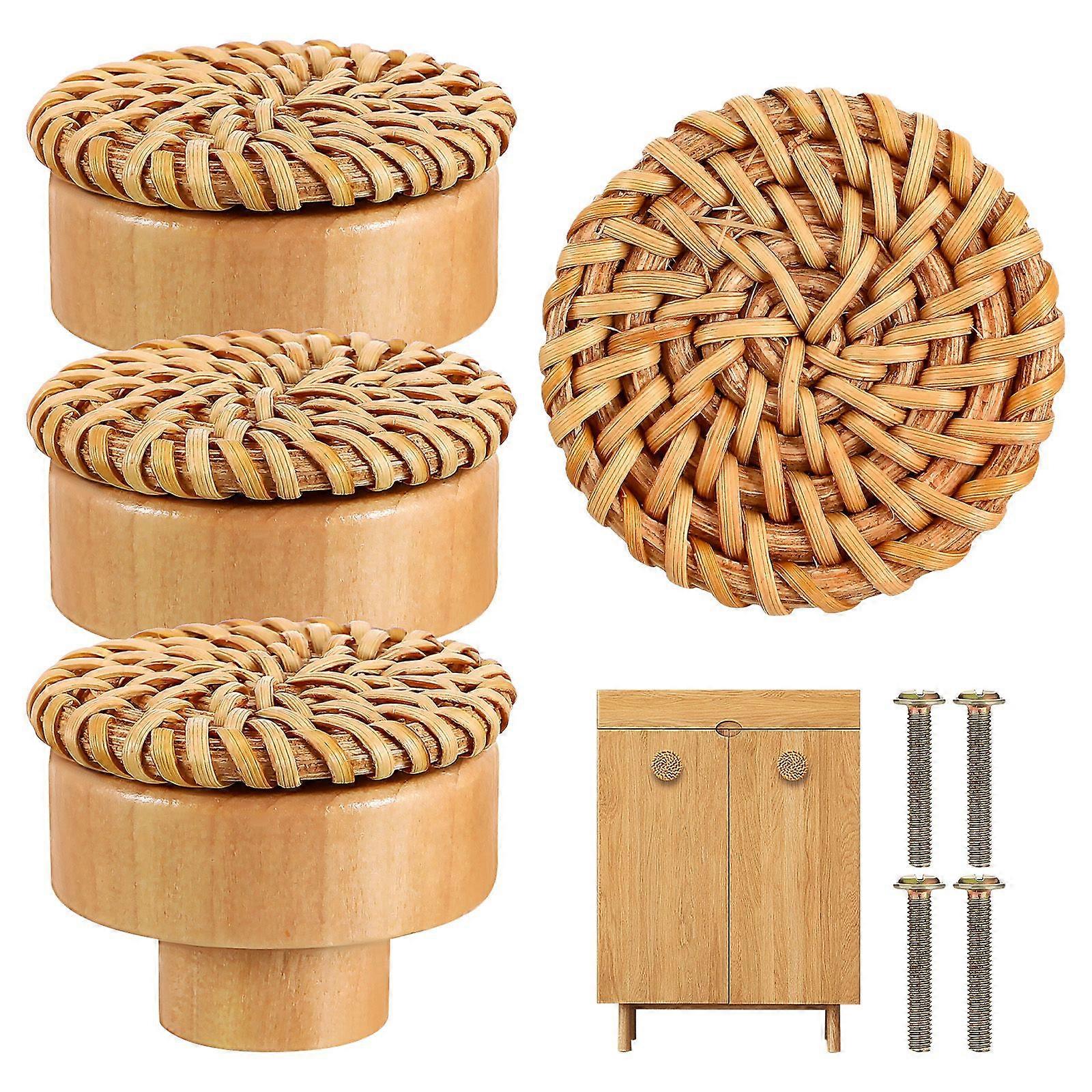 4 Pcs Boho Knobs Rattan Dresser Knobs Boho Drawer Knobs Wooden Drawer Knobs Woven Pulls For Furniture