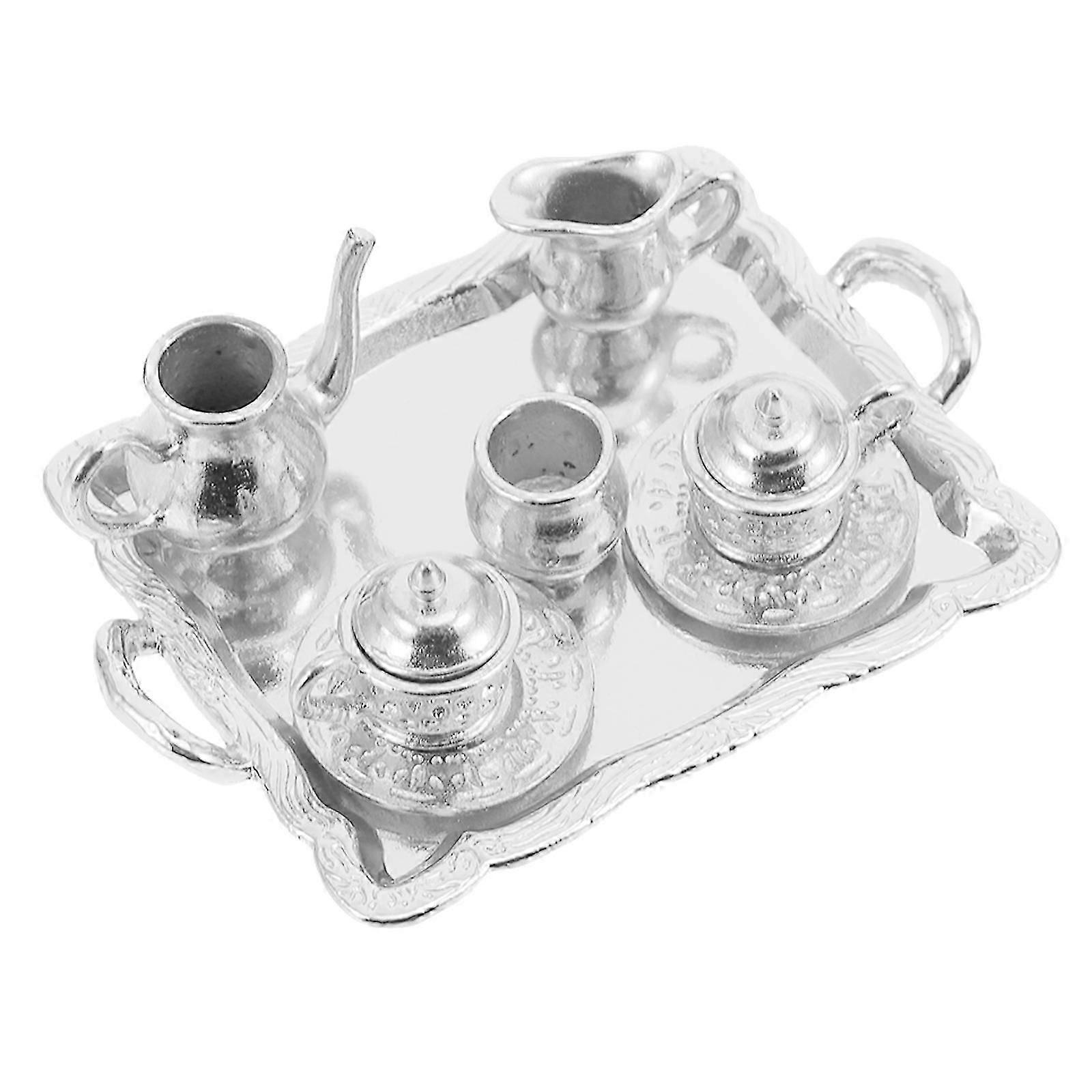 Mini Metal Mini Tea Kettle Model Set for Decoration, Silver